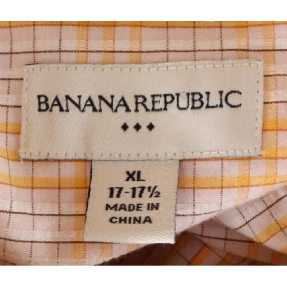 Banana Republic Dress Shirt Mens XL Orange Light Wash Plaid 100% Cotton‎ Pocket